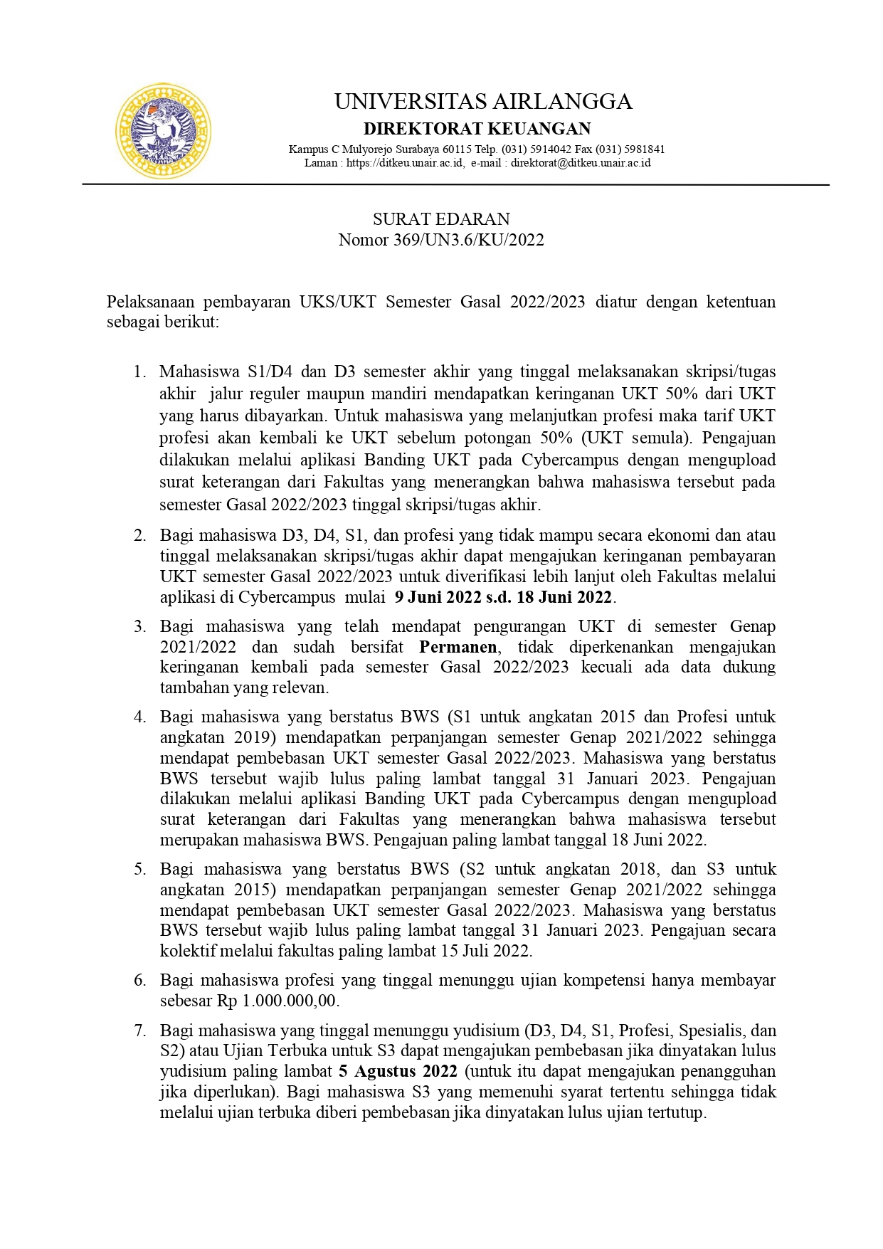 Surat Edaran Pelaksanaan Pembayaran UKS/UKT Semester Gasal 2022/2023 Universitas Airlangga