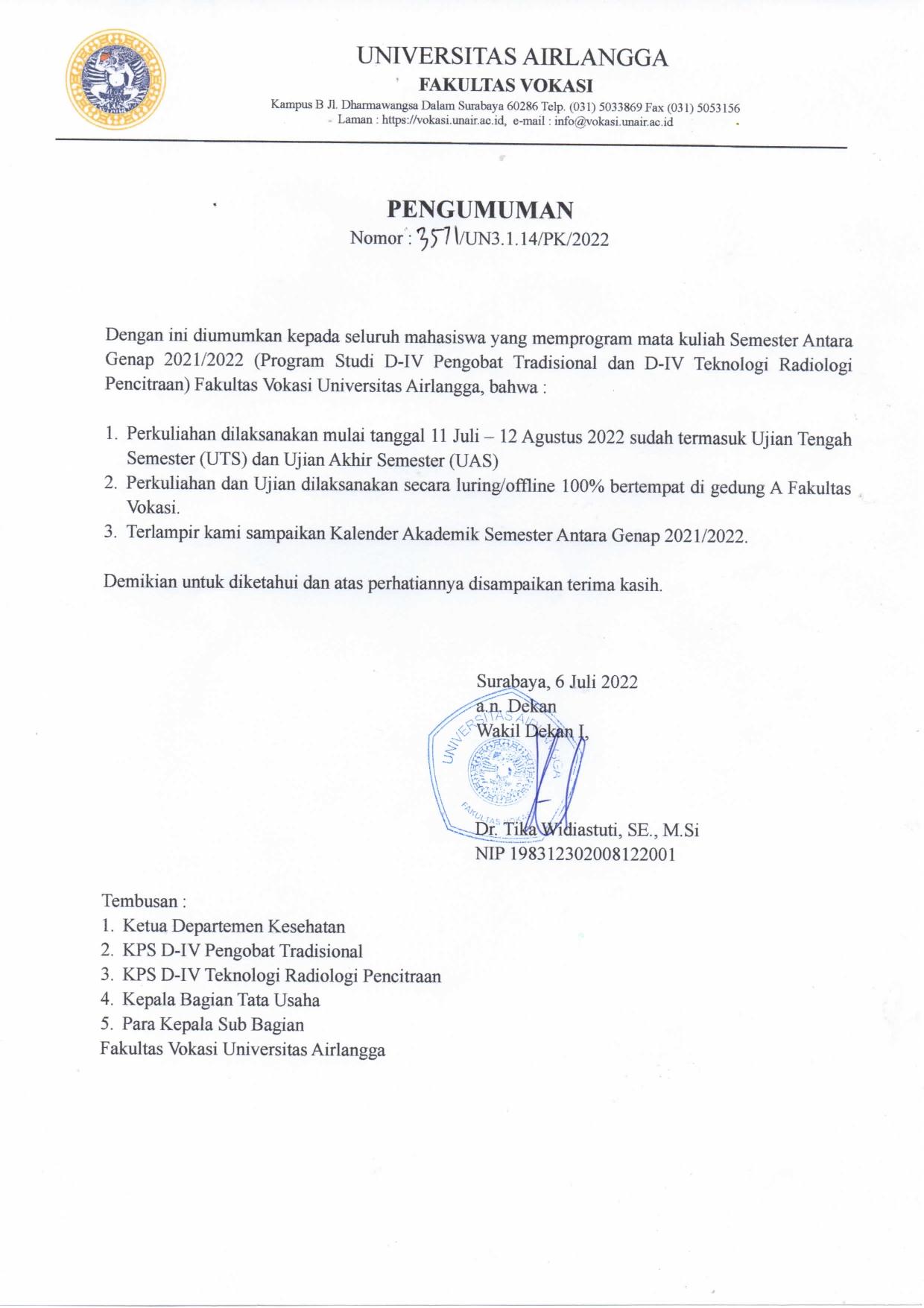 Announcement of Intermediate Semester for D4 Traditional Medicine and D4 Imaging Radiology Technology Study Programs, Faculty of Vocational Studies, Universitas Airlangga